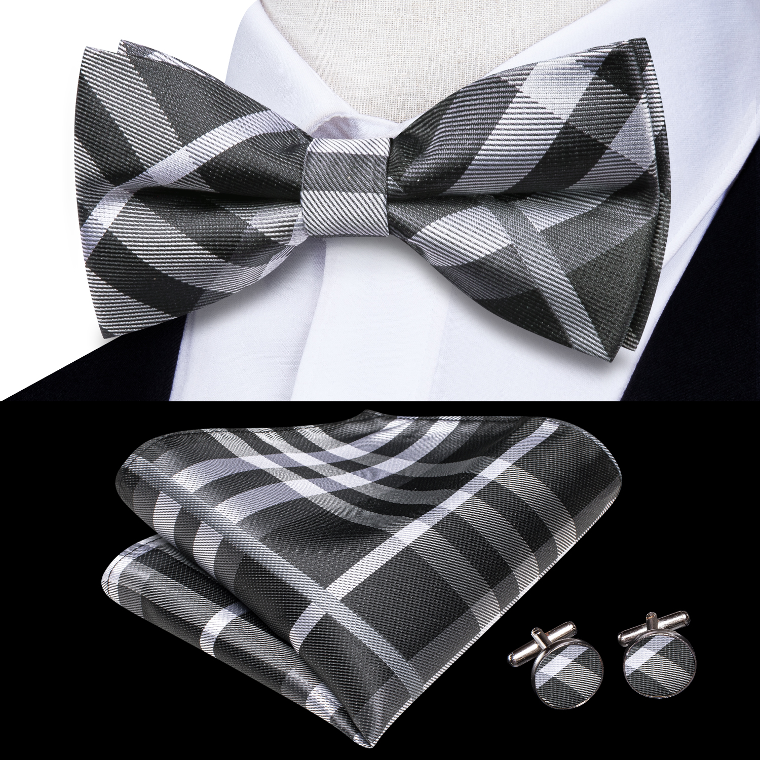 Hi-Tie Grey Plaid Jacquard Sil - Bow Tie Pre Tied reseña y precio